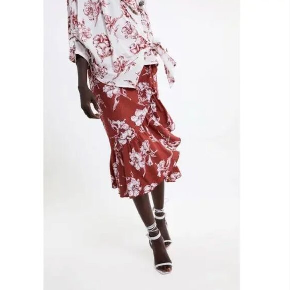 ZARA Red Floral Ruffle Midi Skirt – Size Small - Picture 3 of 10